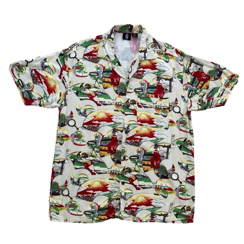 90’s/Y2K Guess Japanese Geisha & Mt. Fuji Print Rayon Hawaiian Style Shirt L